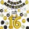 16th Birthday Decorations for Boys, Black and Gold Party Decorations with Happy 16th Birthday Banner Cake Topper Number 16 Foil Balloon Hanging Swirls for Sweet Sixteen Birthday Supplies view 1
