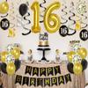 16th Birthday Decorations for Boys, Black and Gold Party Decorations with Happy 16th Birthday Banner Cake Topper Number 16 Foil Balloon Hanging Swirls for Sweet Sixteen Birthday Supplies view 2