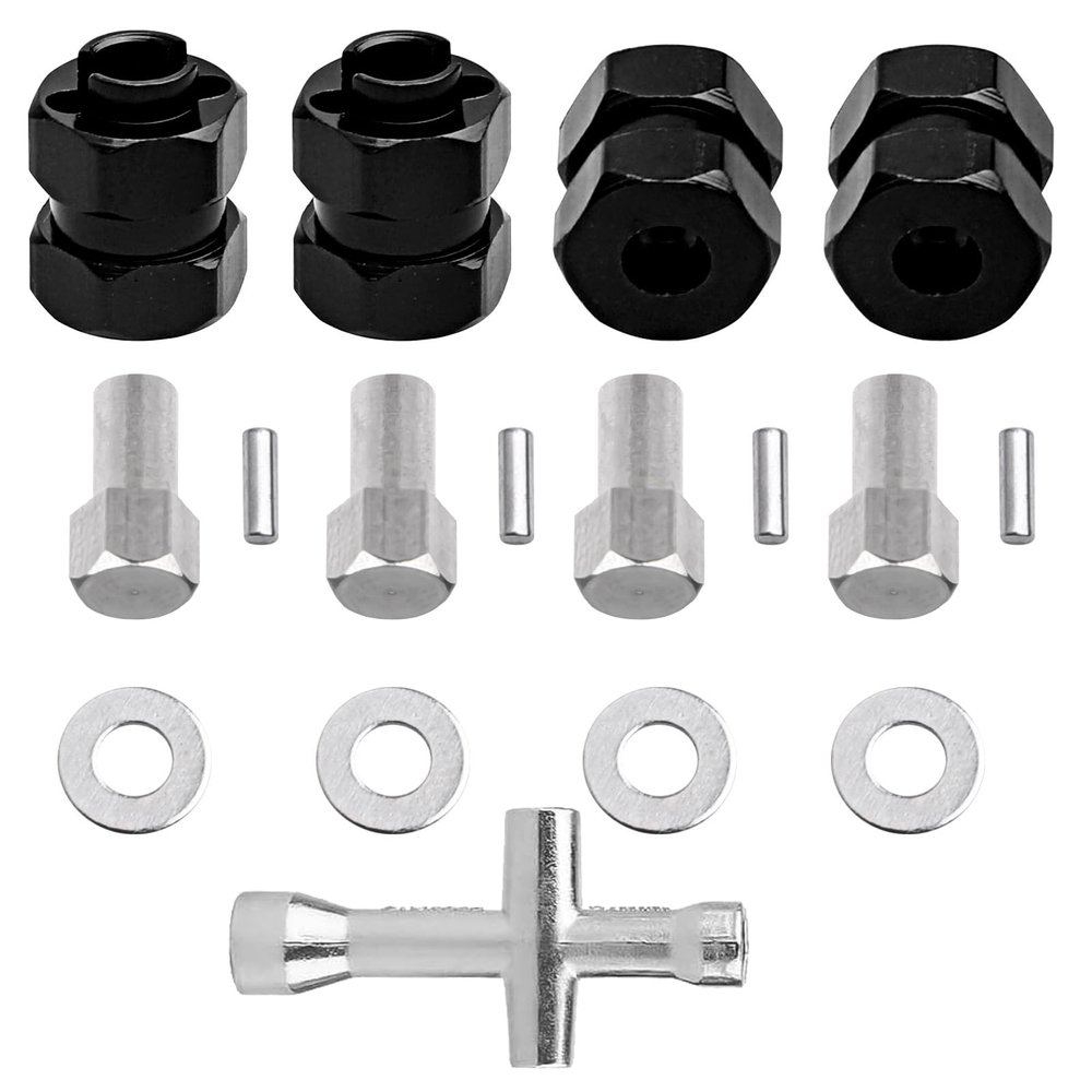 AllinRC Extended Wheel Hubs 7mm Hex Extension & Cross Wrench Upgrades for Axial SCX24 1/24 RC Crawler Car (Black)