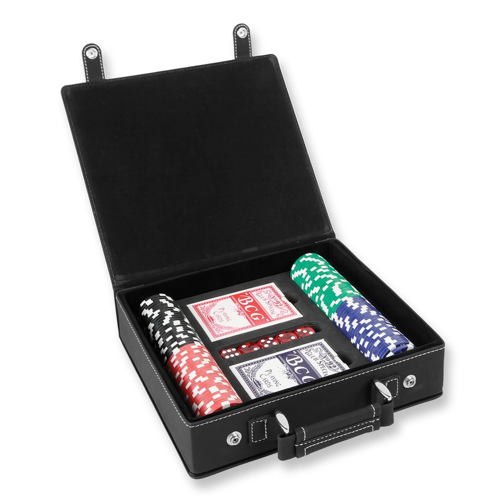 100 Piece Poker Chip Set with Personalized Case, Includes 2 Decks of Cards and 5 Dice, Laser Engraved Custom Faux Leather Poker Box (Black/Silver)