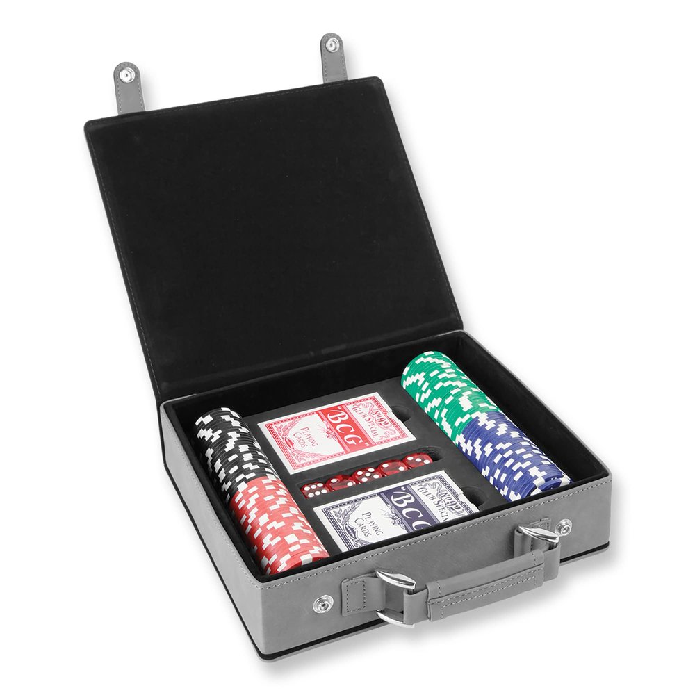 100 Piece Poker Chip Set with Personalized Case, Includes 2 Decks of Cards and 5 Dice, Laser Engraved Custom Faux Leather Poker Box (Gray)