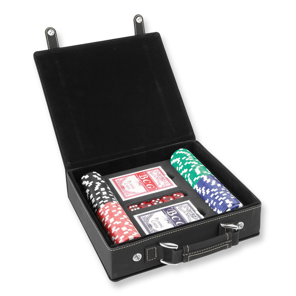 100 Piece Poker Chip Set with Personalized Case, Includes 2 Decks of Cards and 5 Dice, Laser Engraved Custom Faux Leather Poker Box (Black/Gold)