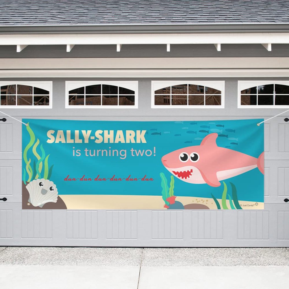 8ft Personalized Shark Birthday Party Garage Banner for Girls - Pink Shark 8 Ft. Banner