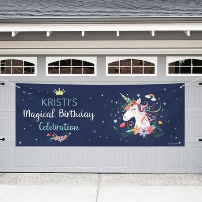 Personalized Unicorn Birthday Party Banner Decoration - 8 Ft. Garage Giant Banner - Navy