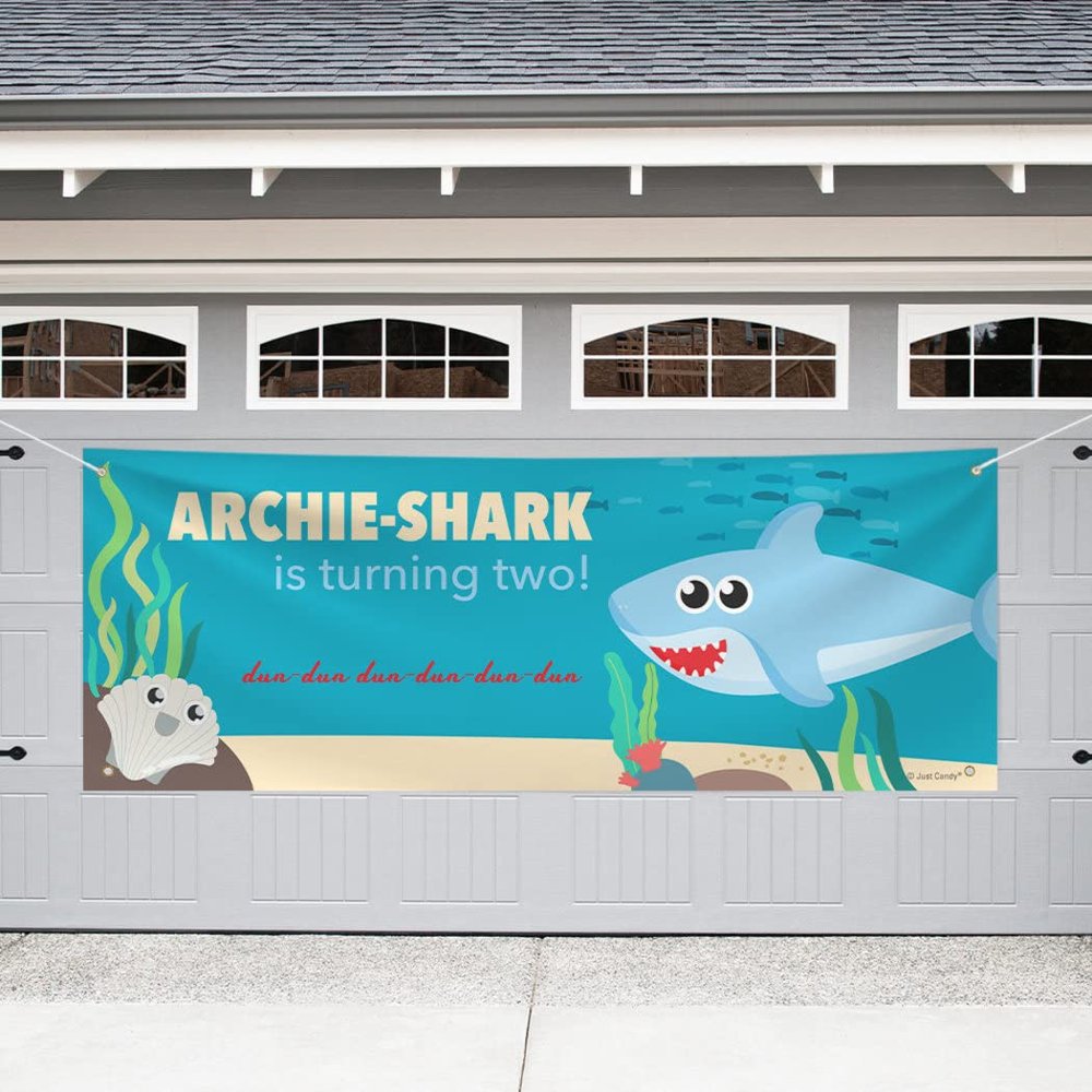 8ft Personalized Shark Birthday Party Garage Banner for Boys - Blue Shark 8 Ft. Banner