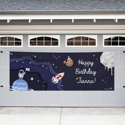 Personalized Galaxy Party Birthday Garage Banner - 8 Ft. - Spaced Themed Party Decorations