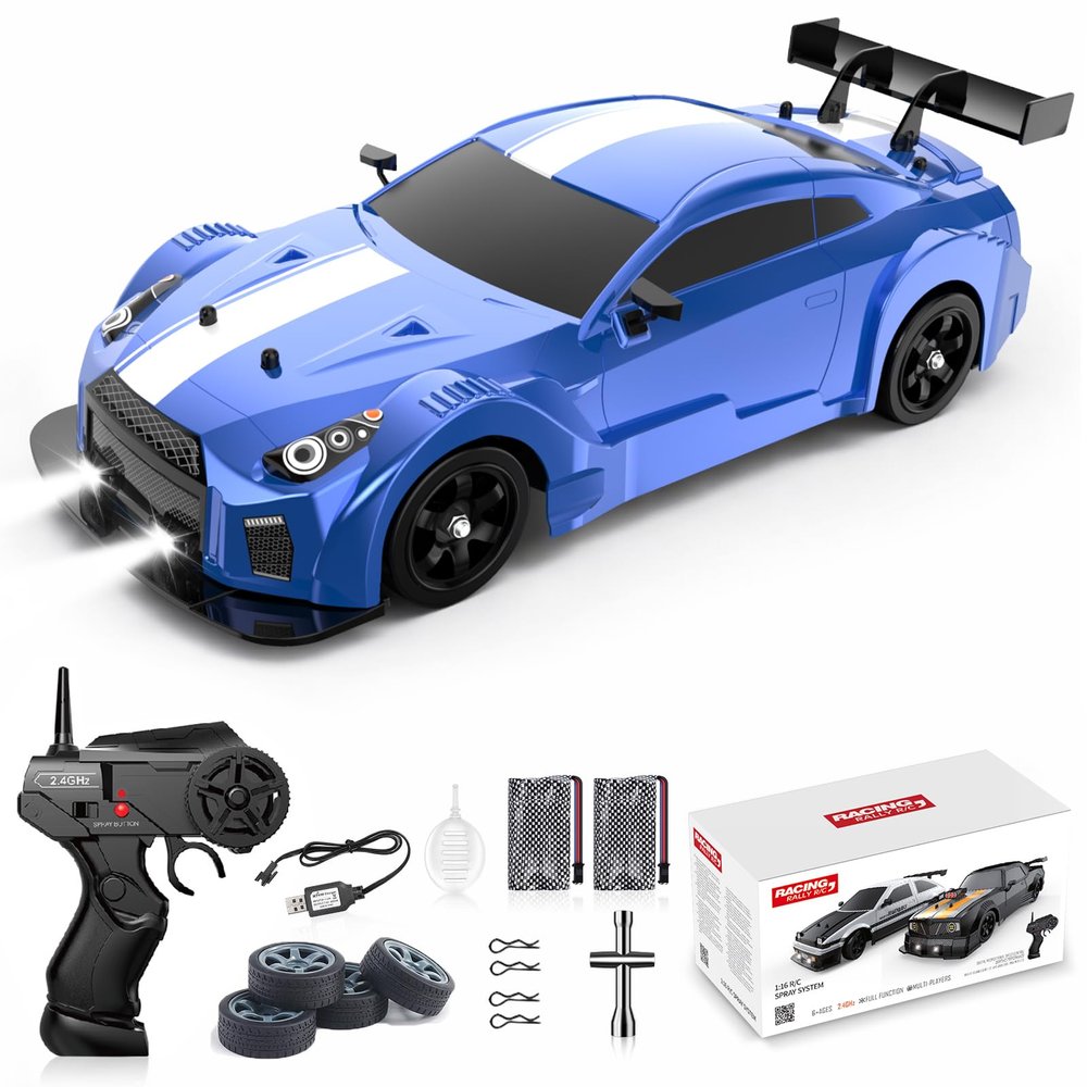 Remote Control Car RC Drift Car 1:16 Scale 4WD 18KM/H High Speed Model Vehicle 2.4GHz with LED Lights Spray Rubber Tire Racing Sport Toy for Adults Boys Girls Kids Gift 2Pcs Rechargeable Batteries