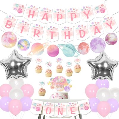 Fangleland First Trip Around The Sun Birthday Decorations, Girls Pink Space One High Chair Banner & Cake Toppers, Galaxy Happy Birthday Garland and Moon Star Foil Balloons for 1st Party Supplies