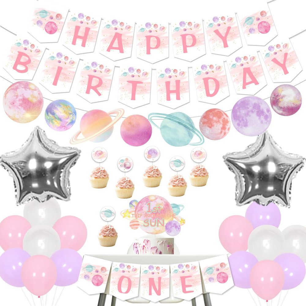 Fangleland First Trip Around The Sun Birthday Decorations, Girls Pink Space One High Chair Banner & Cake Toppers, Galaxy Happy Birthday Garland and Moon Star Foil Balloons for 1st Party Supplies