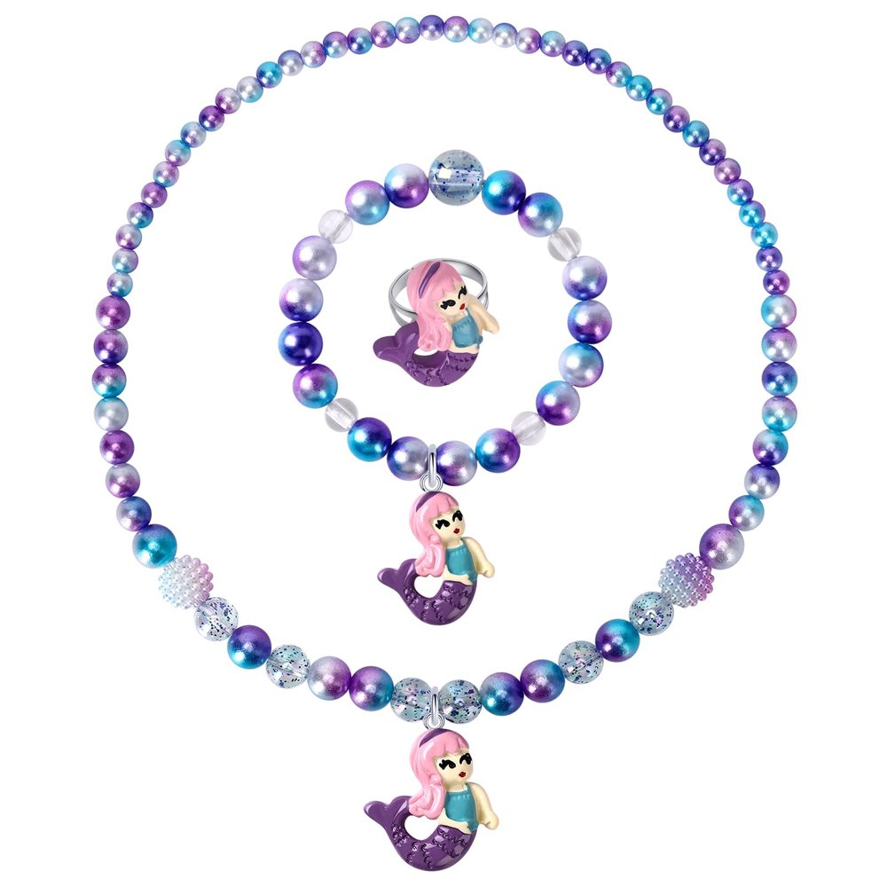 Wingchold Girls Mermaid Necklace, Bracelet, Ring Set - Dress Up Pretend Play Jewelry Gifts for Kids & Toddlers - Mermaid Party Costume Supplies
