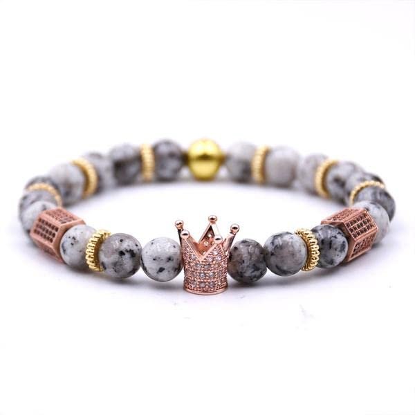 Rose Gold Marble Dice 14k Gold Plated Crown Charm Beads Bracelet for Men Women Stone Beads, Cubic Zirconia Bracelet, Elastic Beaded Bracelet