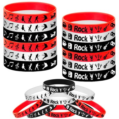 ATSMOICY 24PCS Rock and Roll Rubber Bracelets Silicone Wristbands -80s 90s Party Supplies Musician Guitar Rap Birthday Baby Shower Party Favors