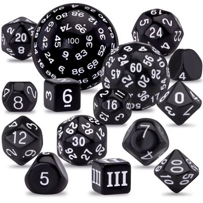 AUSTOR 15 Pieces Complete Polyhedral Dice Set D3-D100 Game Dice Set with a Leather Drawstring Storage Bag for Role Playing Table Games(Black & White)