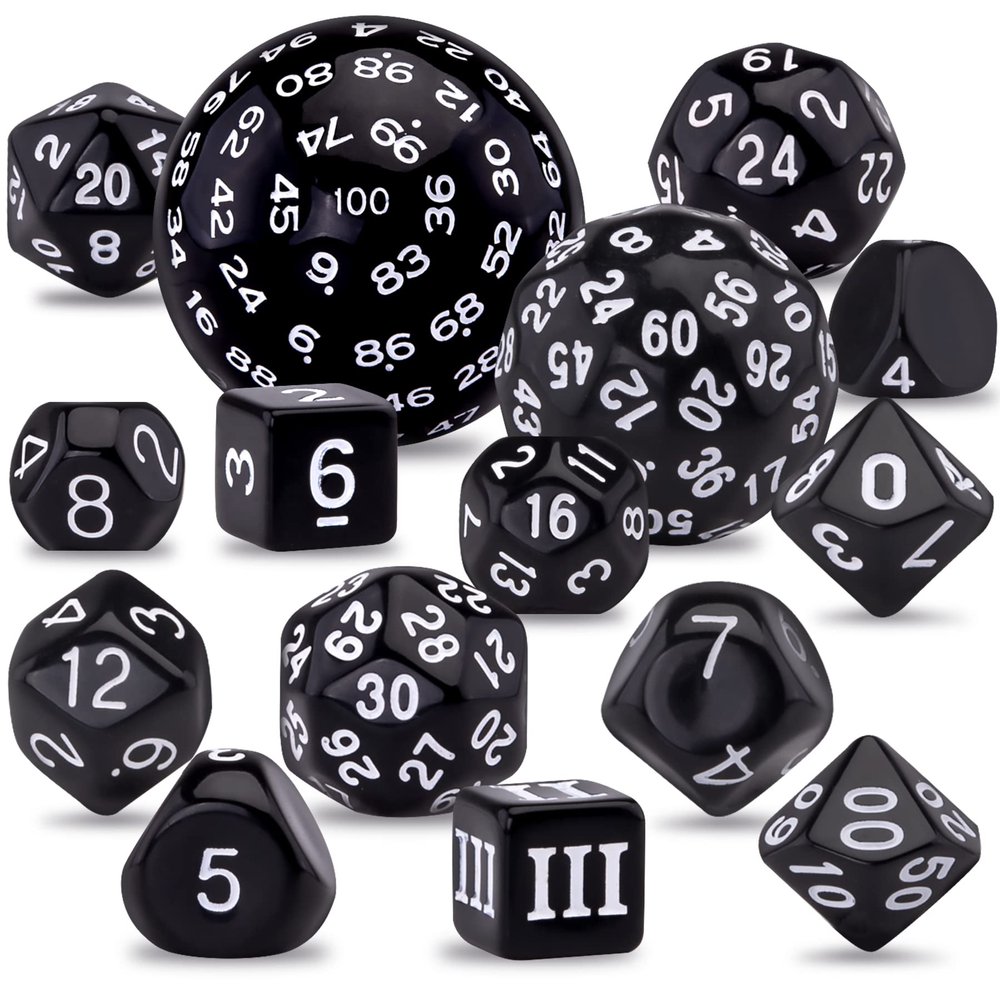 AUSTOR 15 Pieces Complete Polyhedral Dice Set D3-D100 Game Dice Set with a Leather Drawstring Storage Bag for Role Playing Table Games(Black & White)