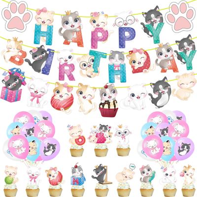 Cat Birthday Party Decoration Cute Cartoon Kitten Pattern Happy Birthday Banner Garland Latex Foil Balloons Cake Cupcake Toppers for Cat Kitten Theme Party Baby Shower Supplies