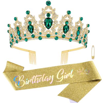 SuPoo Green Birthday Tiara and Sash Kit - Rhinestones, Crystal Headband, Glitter, Happy Birthday Decorations for Girls