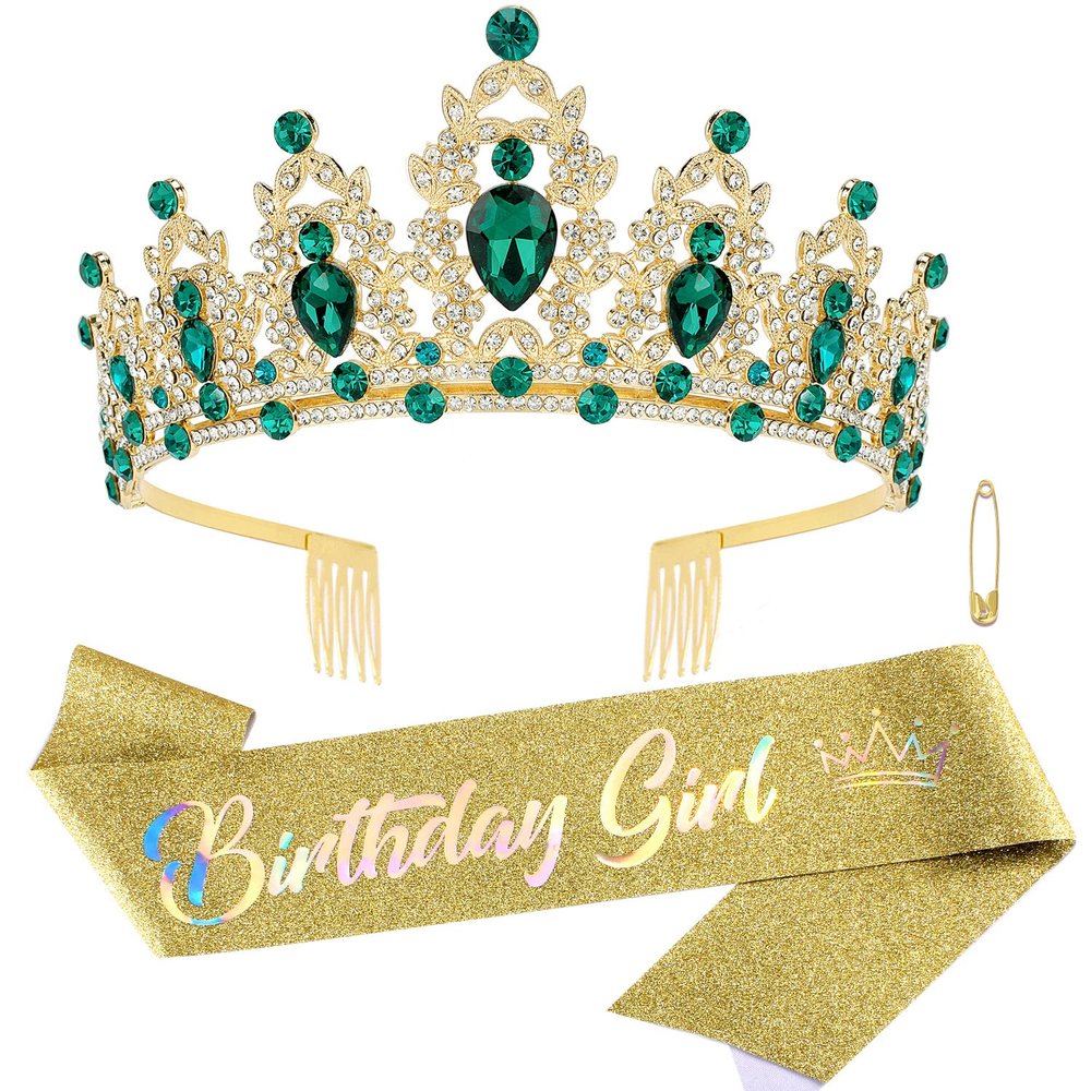 SuPoo Green Birthday Tiara and Sash Kit - Rhinestones, Crystal Headband, Glitter, Happy Birthday Decorations for Girls