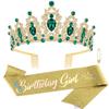SuPoo Green Birthday Tiara and Sash Kit - Rhinestones, Crystal Headband, Glitter, Happy Birthday Decorations for Girls view 1