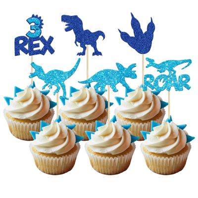 Gyufise 24Pcs Dinosaur Cupcake Toppers Blue Glitter 3 Rex Roar Dinosaur Cupcake Picks Three Years Old Dino Theme Baby Shower 3rd Birthday Party Cake Decorations Supplies