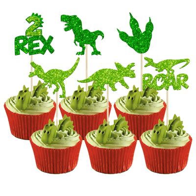 Gyufise 24Pcs Dinosaur Cupcake Toppers Green Glitter 2 Rex Roar Dinosaur Cupcake Picks Two Years Old Dino Theme Baby Shower Second Birthday Party Cake Decorations Supplies