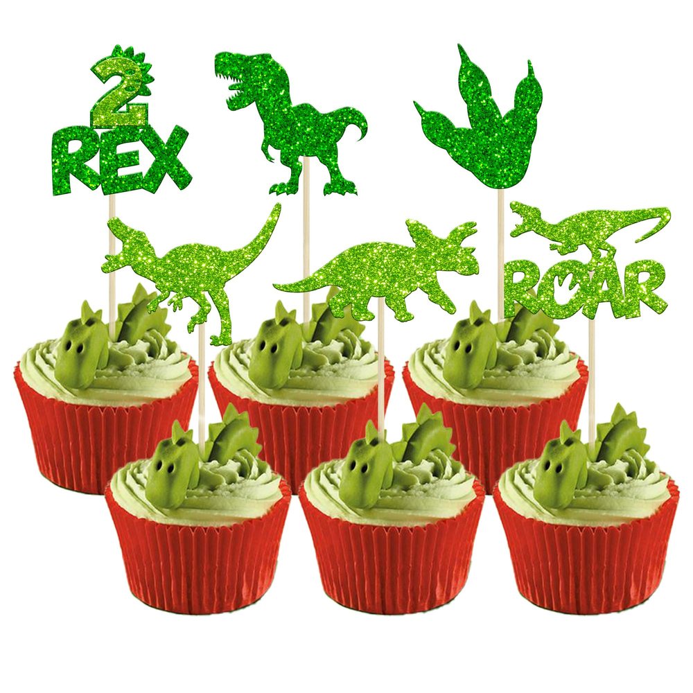 Gyufise 24Pcs Dinosaur Cupcake Toppers Green Glitter 2 Rex Roar Dinosaur Cupcake Picks Two Years Old Dino Theme Baby Shower Second Birthday Party Cake Decorations Supplies