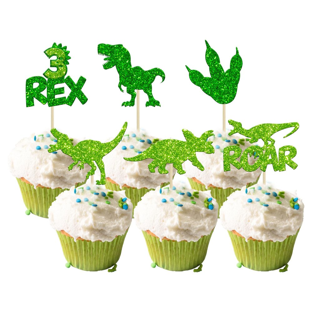 Gyufise 24Pcs Dinosaur Cupcake Toppers Green Glitter 3 Rex Roar Dinosaur Cupcake Picks Three Years Old Dino Theme Baby Shower Third Birthday Party Cake Decorations Supplies