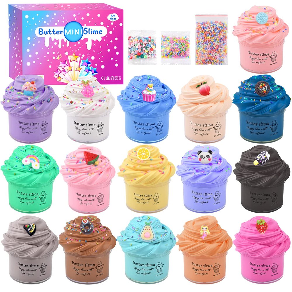 16 Pack Mini Butter Slime Kit, With Pink Watermelon & Lemon Slice Scents. Mermaid Slime Included - DIY Scented Slime Party Favor and Stress Relief Toy for Boys & Girls