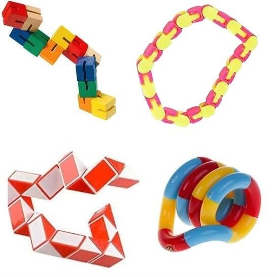 Twisty Fidget Toy for Kids and Adults The 4 Pk : Genuine Tangle Jr , Fidget Snake Puzzle, Folding Blocks, Snap & Click Wacky Tracks