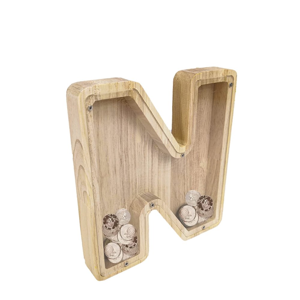 FixtureDisplays First Name Initial Personalized 7" Tall Wooden Kids Letter Piggy Bank Custom Name Coin Bank, Wood Alphabet Letter Bank Money Box Birthday Home Decoration - Letter "N" 15553-N-1D