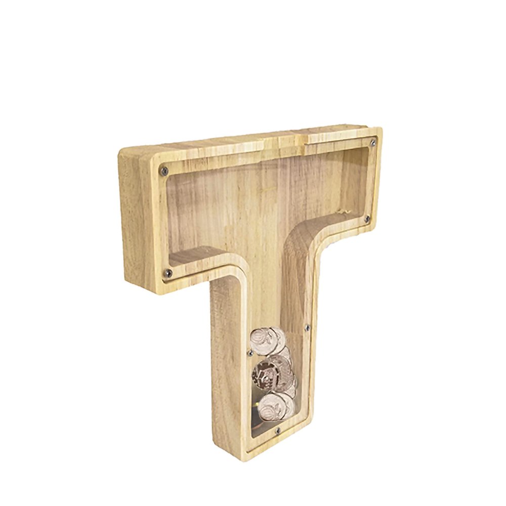 FixtureDisplays First Name Initial Personalized 7" Tall Wooden Kids Letter Piggy Bank Custom Name Coin Bank, Wood Alphabet Letter Bank Money Box Birthday Home Decoration - Letter "T" 15553-T-1D