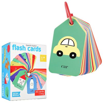 Serabeena Spanish English Flash Cards - Bilingual Toddler First Words Flashcards 26 Educational, Colorful, Double-Sided Vocabulary Cards Sight Words for Toddler Games, ESL Kids & Preschoolers