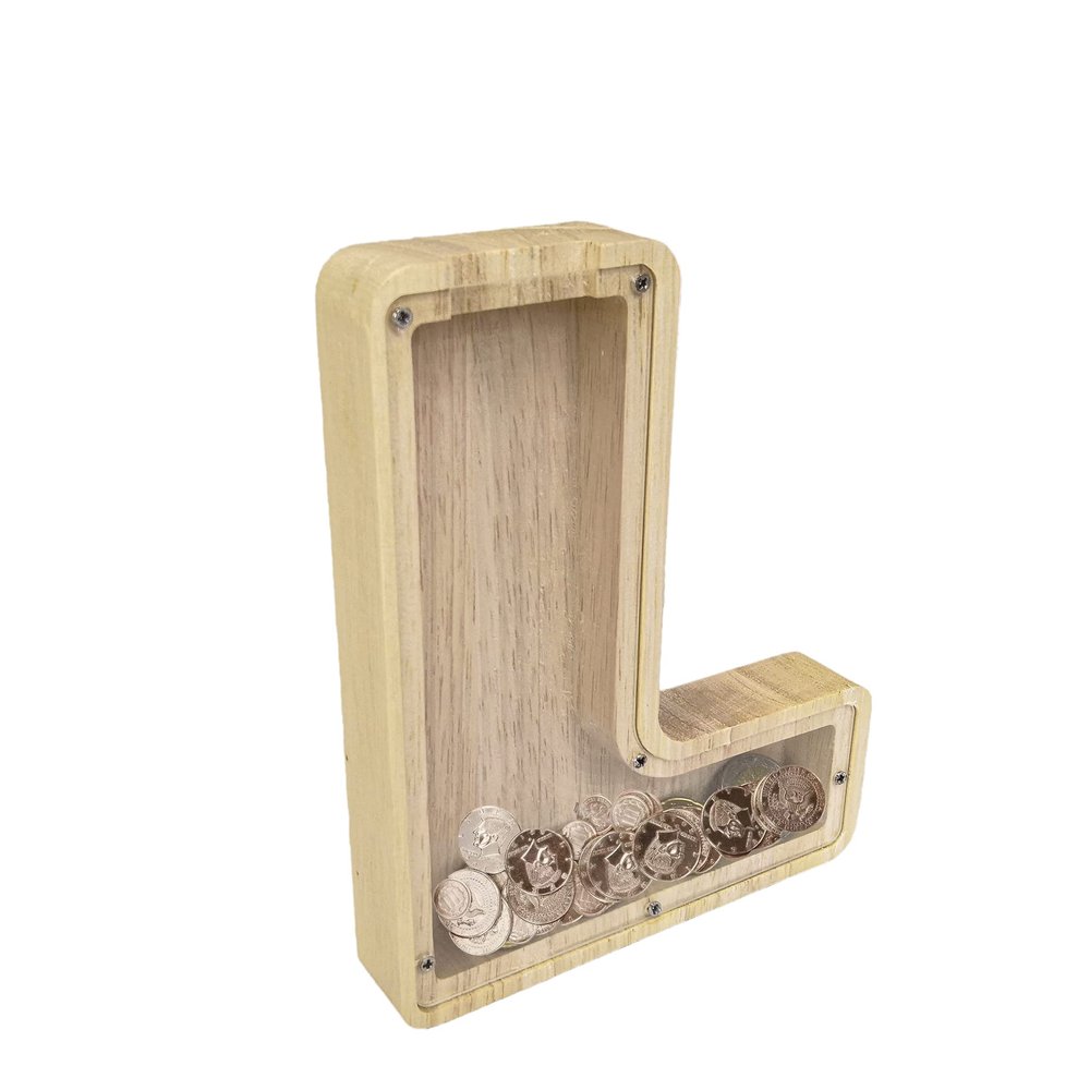 FixtureDisplays First Name Initial Personalized 7" Tall Wooden Kids Letter Piggy Bank Custom Name Coin Bank, Wood Alphabet Letter Bank Money Box Birthday Home Decoration - Letter "L" 15553-L-1D