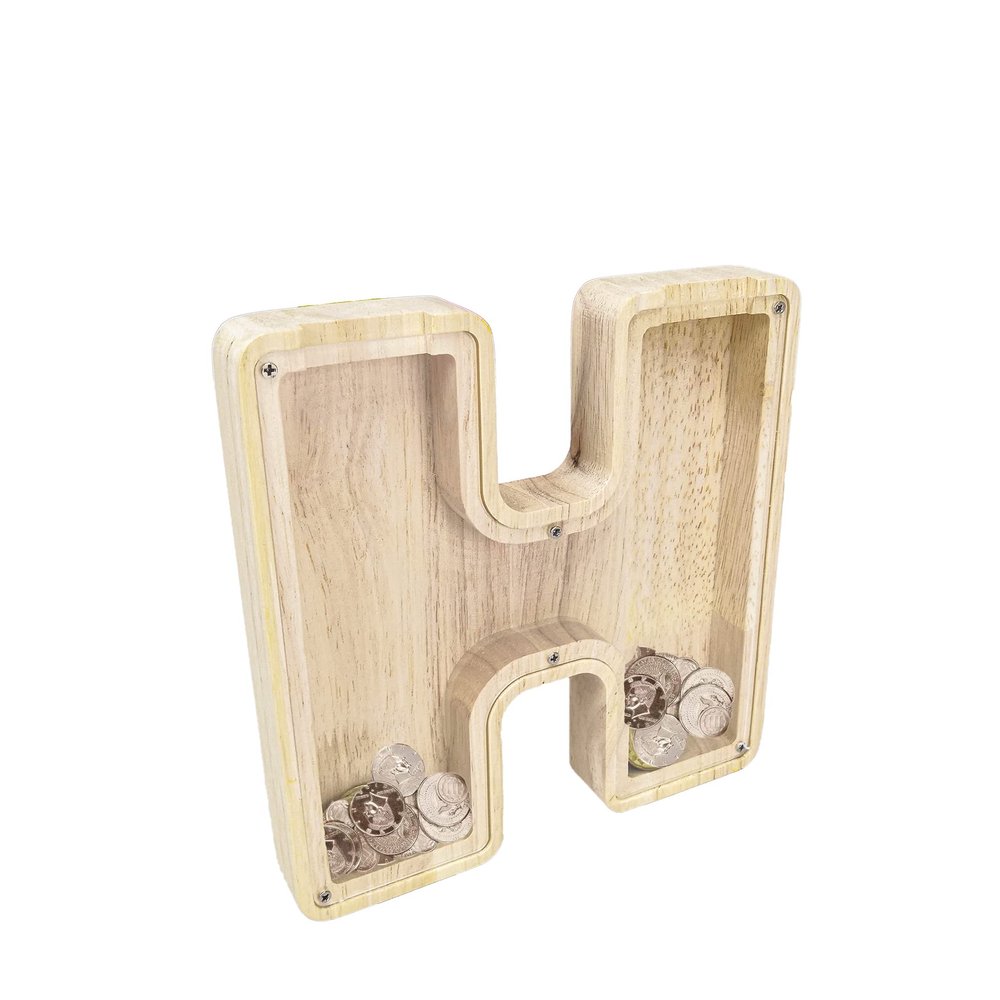 FixtureDisplays First Name Initial Personalized 7" Tall Wooden Kids Letter Piggy Bank Custom Name Coin Bank, Wood Alphabet Letter Bank Money Box Birthday Home Decoration - Letter "H" 15553-H-1D