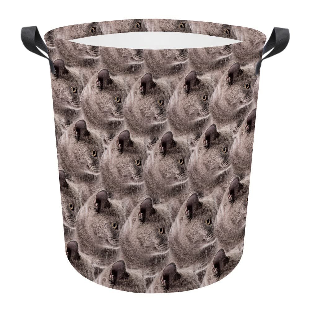 MALIHONG Cat Face Laundry Basket with Handle Cute British Shorthair Cat Mash Face Animal Laundry Hamper Waterproof Fabric Toy Box Clothes Storage Fodable Washing Bag for Bedroom Nursery