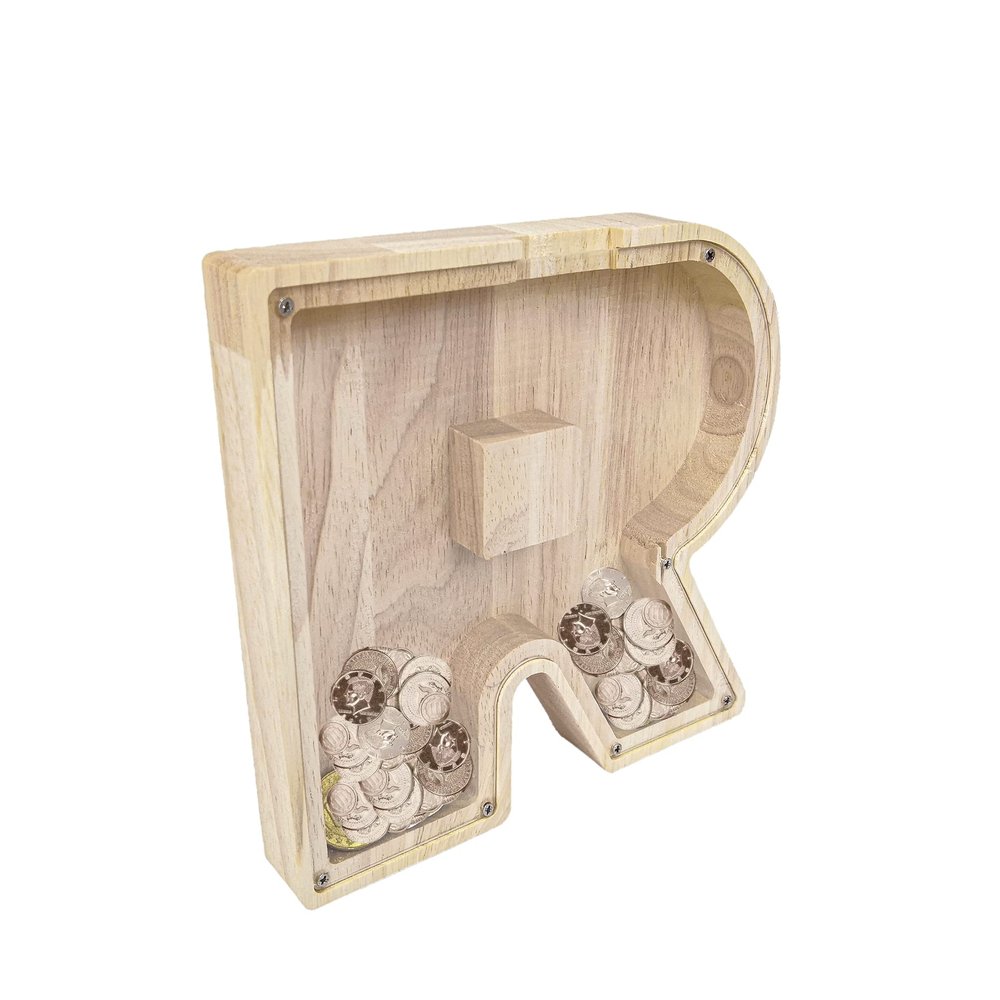 FixtureDisplays First Name Initial Personalized 7" Tall Wooden Kids Letter Piggy Bank Custom Name Coin Bank, Wood Alphabet Letter Bank Money Box Birthday Home Decoration - Letter "R" 15553-R-1D