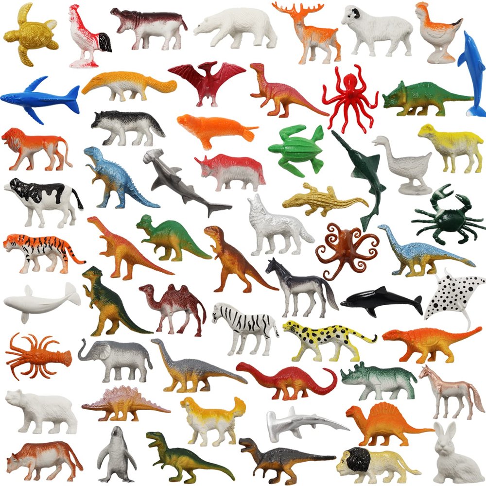 DOITEM 60 Pcs Assorted Dinosaur, Ocean, Sea, Farm, Jungle, Wild Animals & Dinosaurs Figure Realistic Plastic Zoo Play Set - Small Toys for Kids, Cupcake Topper, Party Favors