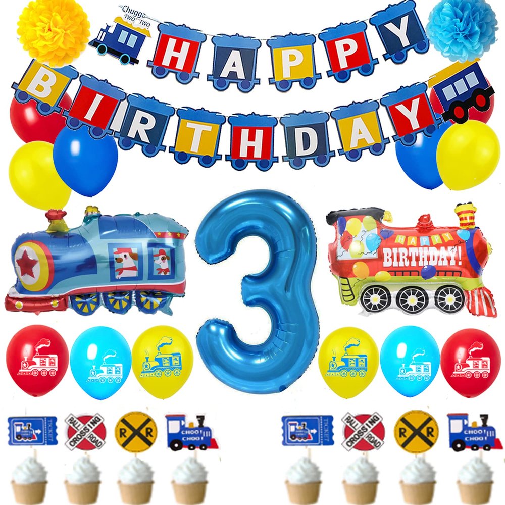 3rd Train Birthday Decorations Boys,3 Years Old Birthday Party Supplies Blue Number 3 Foil Balloons Locomotive Banner,Train Patterned Balloon,Cake Topper