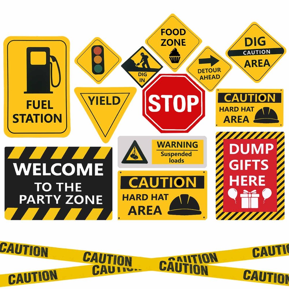 13 pcs construction Birthday Party supplies, construction party decorations for boys kid birthday party Baby Shower11.8 inch construction theme party wall decor signs with Yellow Caution Tape