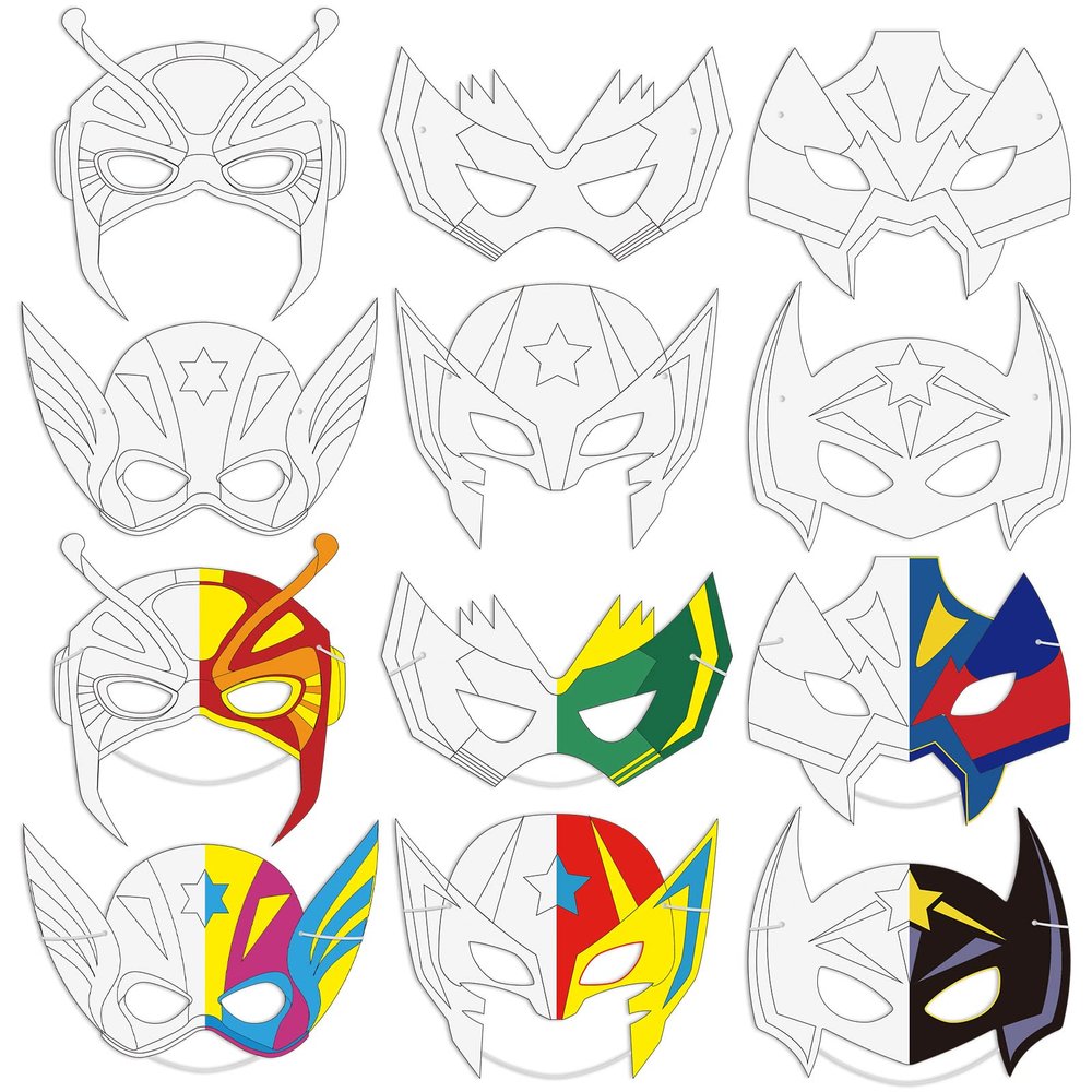 Sosation 36 Pcs Color Your Own Hero Masks DIY Blank Paper Masks with Ropes for Kids Birthday Party Graffiti Craft(Cute Style)