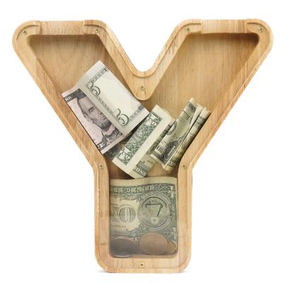WOOD CITY Letter Piggy Bank for Adults Boys Girls Kids, Wooden 9 inch Large Personalized Bills and Coins Bank Money Box, Customized Name DIY Creative Gift for Real-Money, Alphabet Decorations (Y)