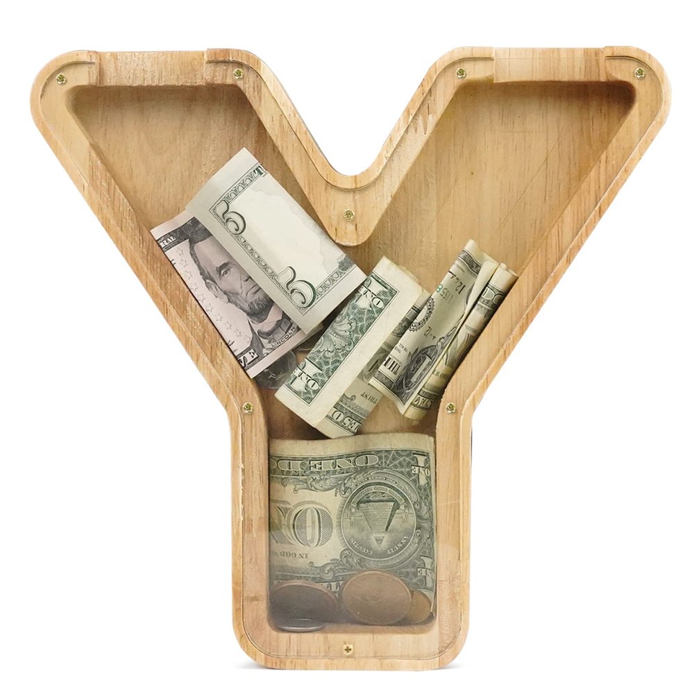 WOOD CITY Letter Piggy Bank for Adults Boys Girls Kids, Wooden 9 inch Large Personalized Bills and Coins Bank Money Box, Customized Name DIY Creative Gift for Real-Money, Alphabet Decorations (Y)