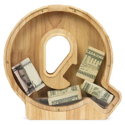 WOOD CITY Letter Piggy Bank for Adults Boys Girls Kids, Wooden 9 inch Large Personalized Bills and Coins Bank Money Box, Customized Name DIY Creative Gift for Real-Money, Alphabet Decorations (Q)