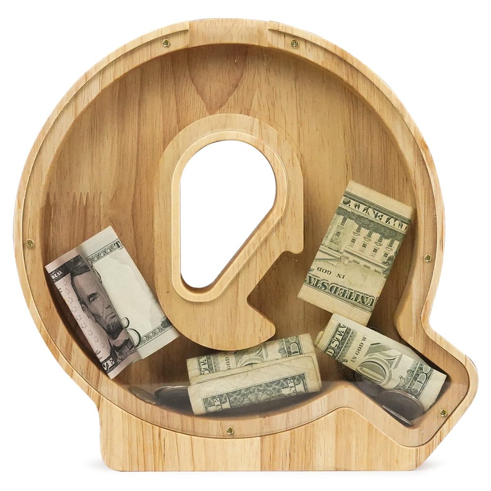 WOOD CITY Letter Piggy Bank for Adults Boys Girls Kids, Wooden 9 inch Large Personalized Bills and Coins Bank Money Box, Customized Name DIY Creative Gift for Real-Money, Alphabet Decorations (Q)