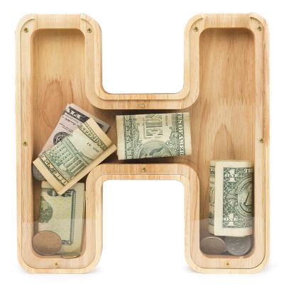 WOOD CITY Letter Piggy Bank for Adults Boys Girls Kids, Wooden 9 inch Large Personalized Bills and Coins Bank Money Box, Customized Name DIY Creative Gift for Real-Money, Alphabet Decorations (H)