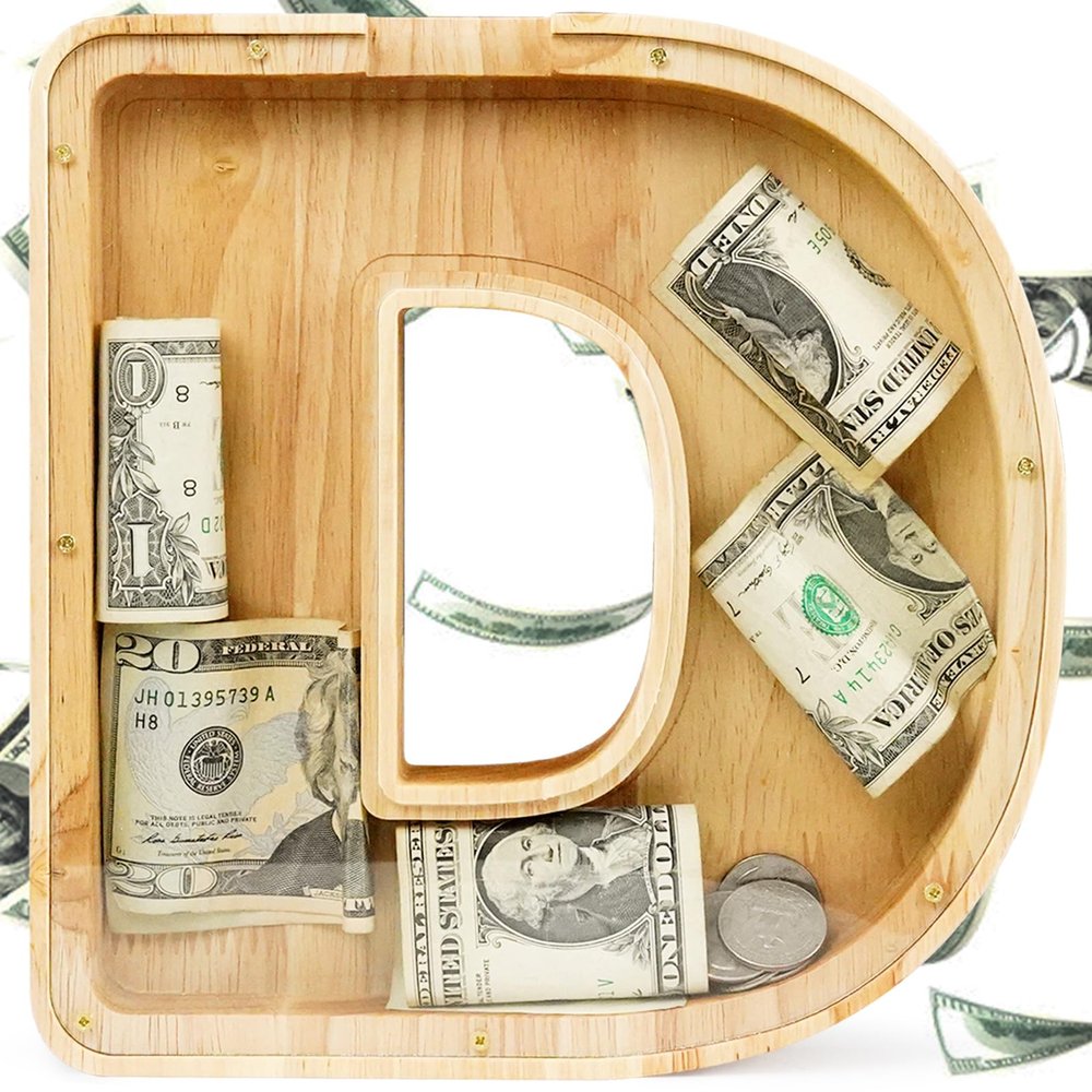 WOOD CITY Letter Piggy Bank for Adults Boys Girls Kids, Wooden 9 inch Large Personalized Bills and Coins Bank Money Box, Customized Name DIY Creative Gift for Real-Money, Alphabet Decorations (D)