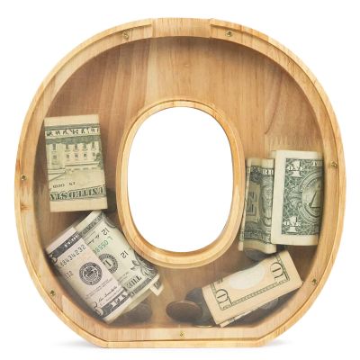 WOOD CITY Letter Piggy Bank for Adults Boys Girls Kids, Wooden 9 inch Large Personalized Bills and Coins Bank Money Box, Customized Name DIY Creative Gift for Real-Money, Alphabet Decorations (O)