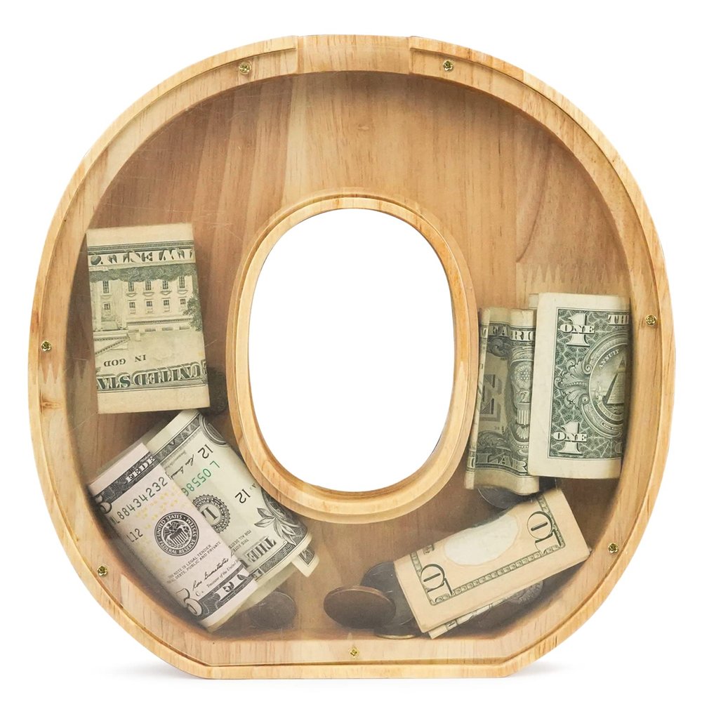 WOOD CITY Letter Piggy Bank for Adults Boys Girls Kids, Wooden 9 inch Large Personalized Bills and Coins Bank Money Box, Customized Name DIY Creative Gift for Real-Money, Alphabet Decorations (O)