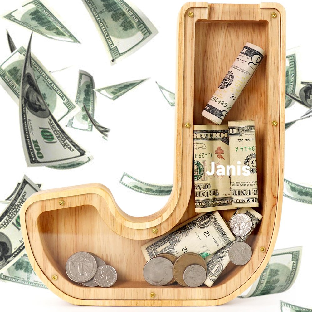 WOOD CITY Letter Piggy Bank for Adults Boys Girls Kids, Wooden 9 inch Large Personalized Bills and Coins Bank Money Box, Customized Name DIY Creative Gift for Real-Money, Alphabet Decorations (J)