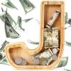 WOOD CITY Letter Piggy Bank for Adults Boys Girls Kids, Wooden 9 inch Large Personalized Bills and Coins Bank Money Box, Customized Name DIY Creative Gift for Real-Money, Alphabet Decorations (J) view 1