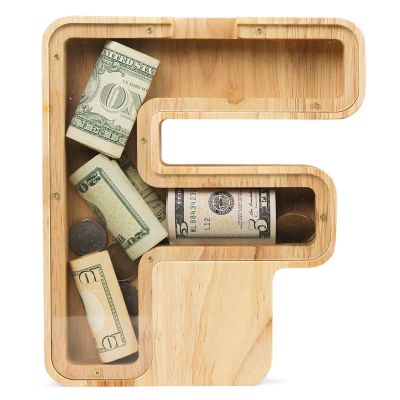 WOOD CITY Letter Piggy Bank for Adults Boys Girls Kids, Wooden 9 inch Large Personalized Bills and Coins Bank Money Box, Customized Name DIY Creative Gift for Real-Money, Alphabet Decorations (F)